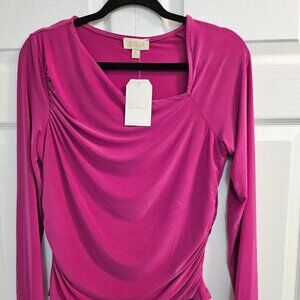 LONDONROSE: Fuchsia. Long-Sleeved. Ruched Design. Asymmetrical Neckline. Size:XL